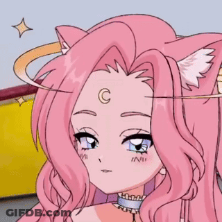 Cartoon Girl With Pink Hair And Cat Ears Wearing Choker Crescent Moon On Forehead GIF