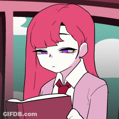 Cartoon Girl With Pink Hair And Purple Eyes Reading Book GIF