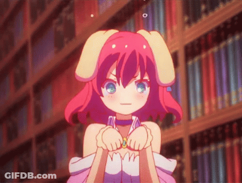 Cartoon Girl With Pink Hair And White Ears In Front Of Bookshelf GIF