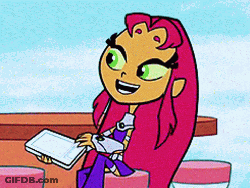 Cartoon Girl With Pink Hair Holding Tablet At Table GIF