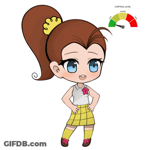 Cartoon Girl With Ponytail Next To Cortisol Level Gauge GIF