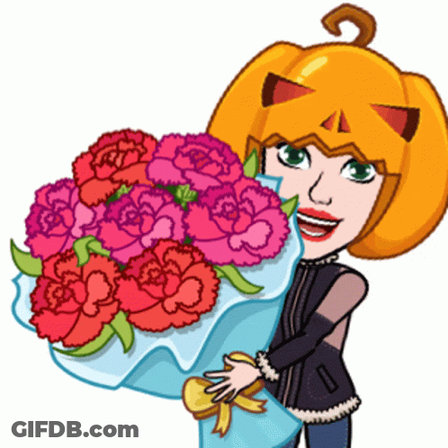 Cartoon Girl With Pumpkin Head Holding Flowers GIF