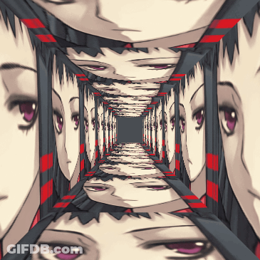 Cartoon Girl With Purple Eyes Looking Down Narrow Hallway GIF