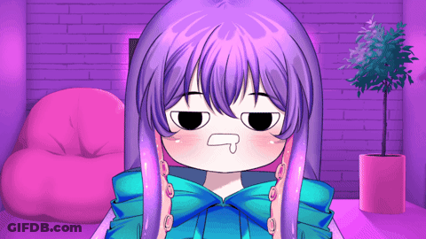 Cartoon Girl With Purple Hair And Blue Shirt Making Funny Face GIF