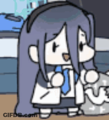 Cartoon Girl With Purple Hair And Blue Tie Sitting On Table GIF