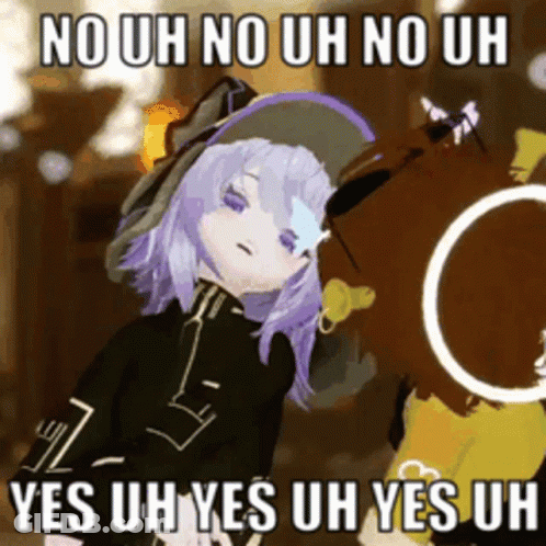 Cartoon Girl With Purple Hair And Hat Standing Next To Cat Saying No Uh No Uh No Uh GIF