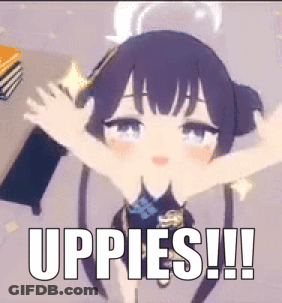 Cartoon Girl With Purple Hair Arms Outstretched Saying Uppies GIF