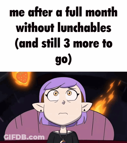 Cartoon Girl With Purple Hair Says Me After A Month Without Lunchables GIF
