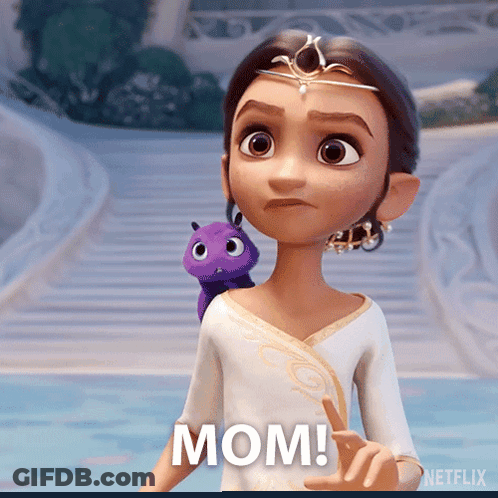 Cartoon Girl With Purple Worm And Mom Text GIF