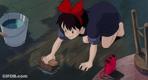 Cartoon Girl With Red Bow Cleaning Floor GIF