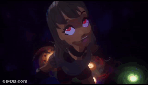Cartoon Girl With Red Eyes In Dark Room With Light Behind Her GIF