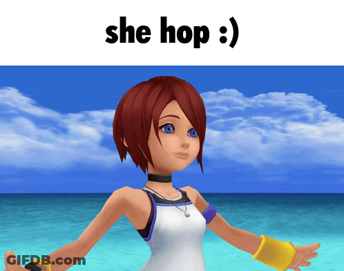 Cartoon Girl With Red Hair Blue Eyes Standing On Beach Saying She Hop GIF