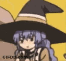 Cartoon Girl With Witch Hat Holding Sword GIF