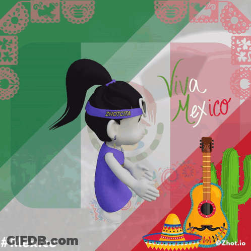 Cartoon Girl With Zhotcita Headband And Mexican Flag GIF