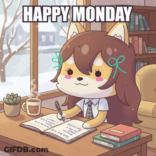 Cartoon Girl Writing Happy Monday In Notebook GIF