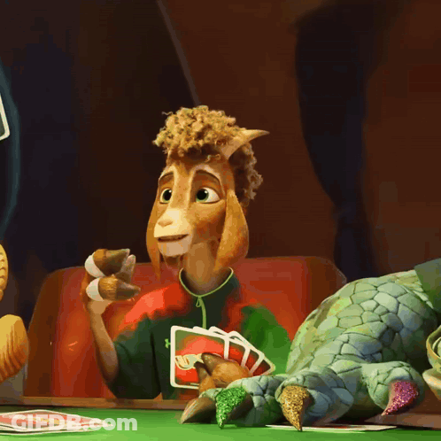 Cartoon Goat And Lizard Playing Cards GIF