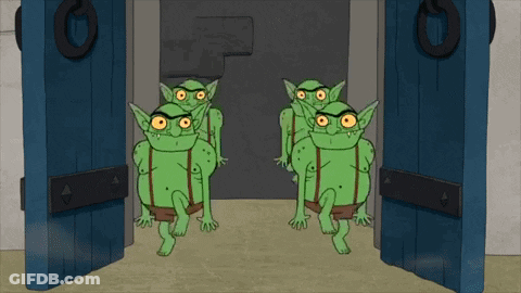 Cartoon Goblins Standing In Doorway GIF