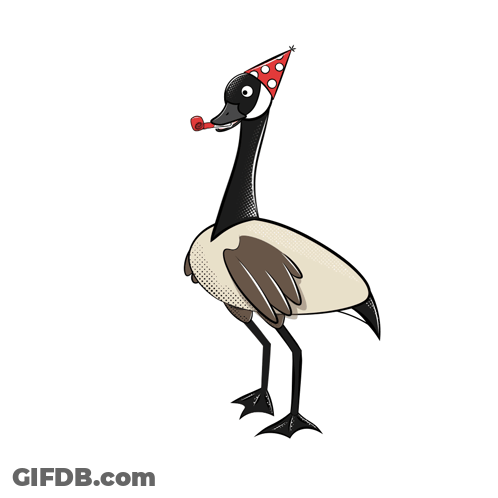 Cartoon Goose In Party Hat Blowing Red Horn GIF