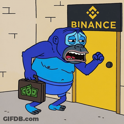 Cartoon Gorilla Holding Briefcase At Binance Door GIF