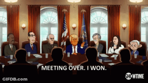 Cartoon Group Sitting Around Table With Words Meeting Over I Won GIF