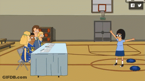 Cartoon Group Sitting At Gym Table With Facebook Logo GIF