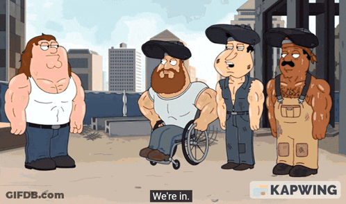 Cartoon Group Standing With Caption We're In GIF