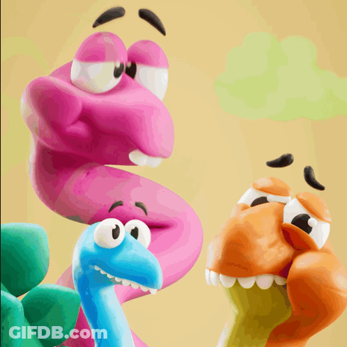 Cartoon Group With Pink And Blue Snakes GIF
