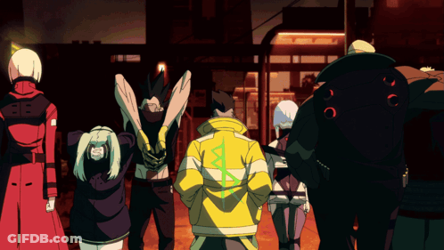 Cartoon Group With Yellow Jacket And Green Triangle GIF