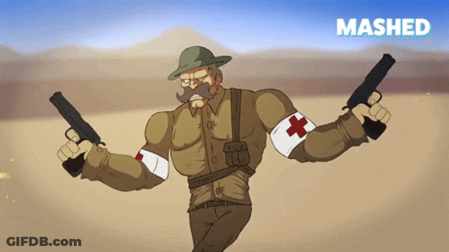 Cartoon Gunner Running In Desert While Firing GIF