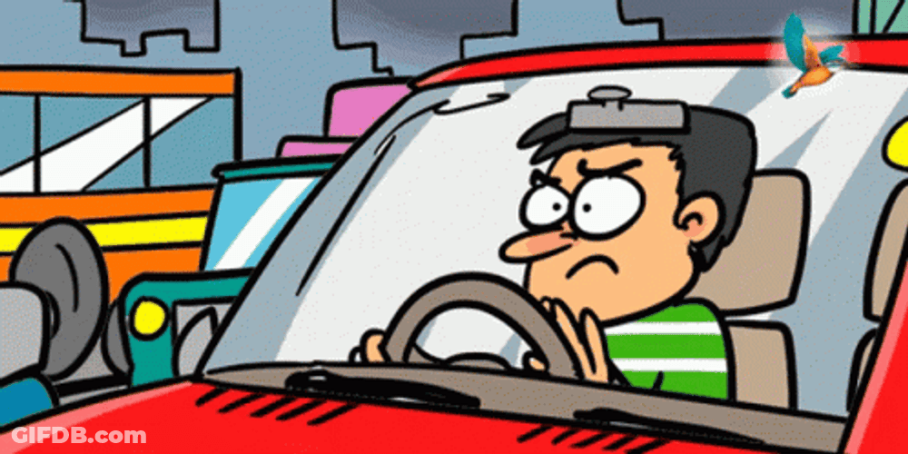 Cartoon Guy Tapping Steering Wheel In Traffic GIF
