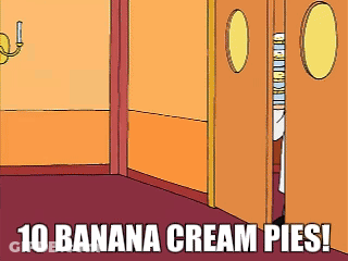 Cartoon Hallway With 10 Banana Cream Pies GIF