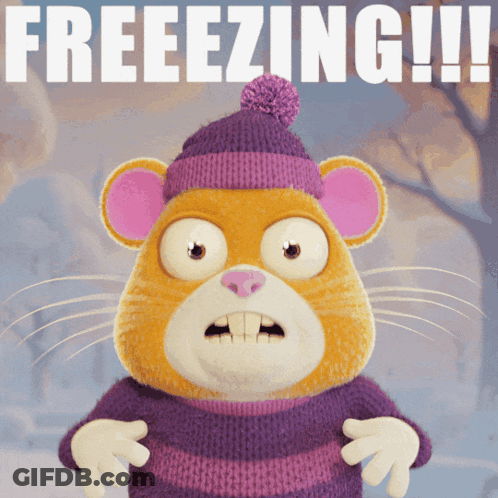 Cartoon Hamster In Purple Sweater And Hat Saying Freezing GIF