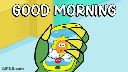Cartoon Hand Holding Cell Phone Saying Good Morning GIF