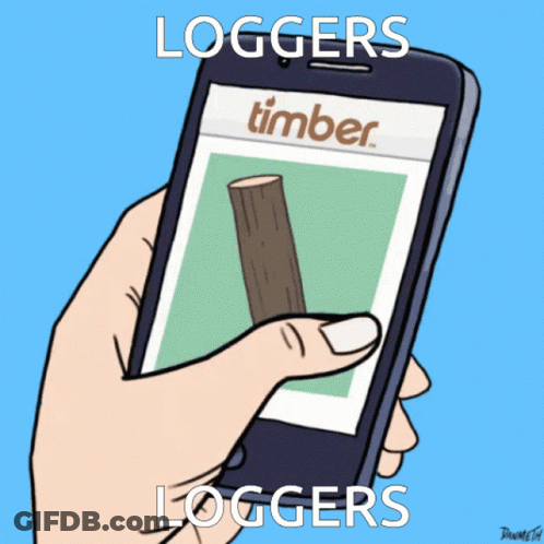 Cartoon Hand Holding Cell Phone Saying Loggers GIF