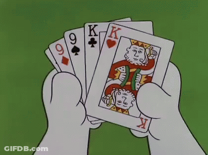 Cartoon Hand Holding Fan Of King Queen Spades GIF