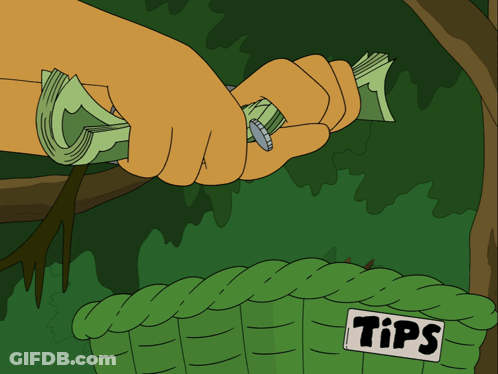 Cartoon Hand Holding Money Next To Tips Basket GIF