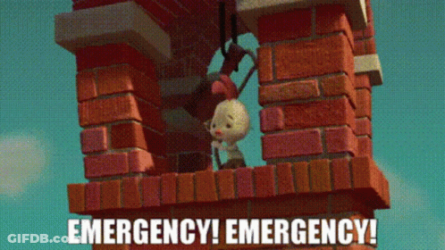Cartoon Hanging From Brick Chimney Saying Emergency GIF