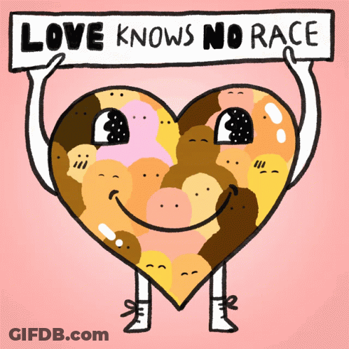 Cartoon Heart Holding Sign Saying Love Knows No Race GIF