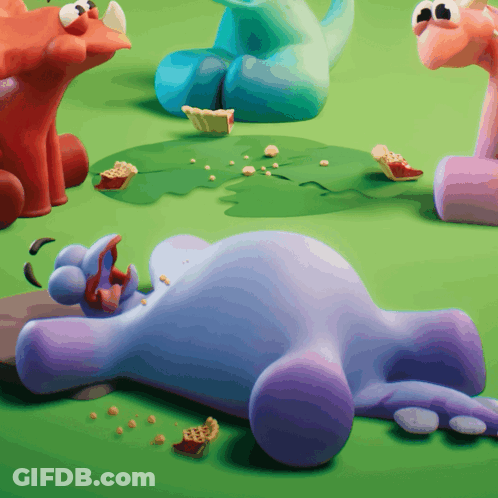 Cartoon Hippo Lying On Ground With Pie In Mouth GIF