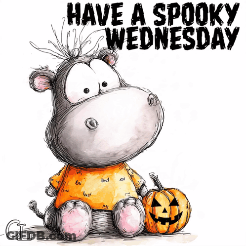 Cartoon Hippo Sitting Next To Pumpkin Saying Have A Spooky Wednesday GIF
