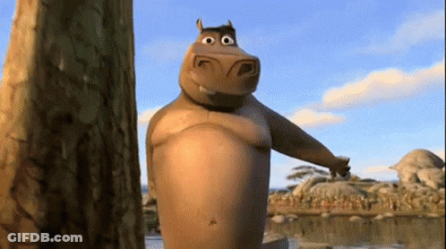 Cartoon Hippo Standing Next To Tree In Water GIF