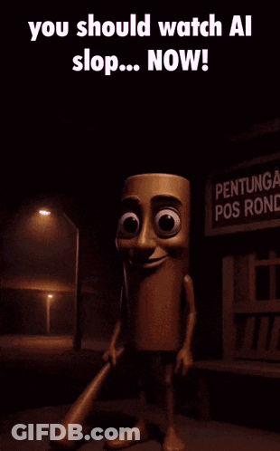 Cartoon Holding Bat And Sign 'Watch Al Slop GIF