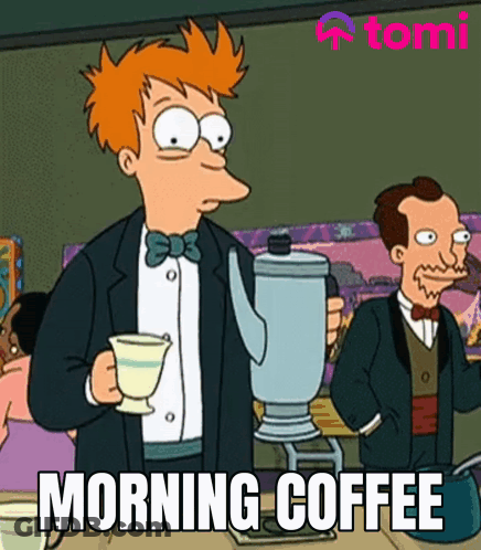 Cartoon Holding Coffee Saying Morning Coffee GIF