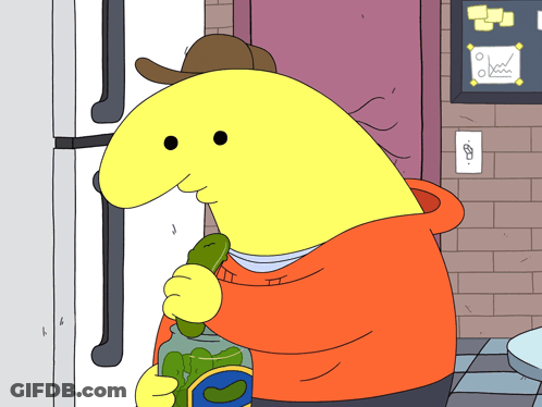 Cartoon Holding Jar Of Pickles In Front Of Refrigerator GIF