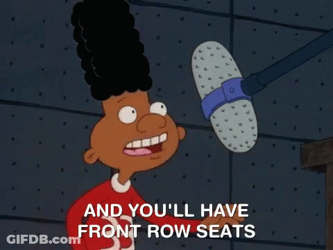 Cartoon Holding Microphone Saying And You'll Have Front Row Seats GIF