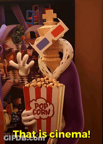 Cartoon Holding Popcorn Bucket In 3D Glasses Saying That Is Cinema GIF