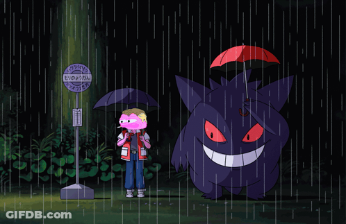 Cartoon Holding Umbrella Next To Purple Monster With Tokyo Sign GIF