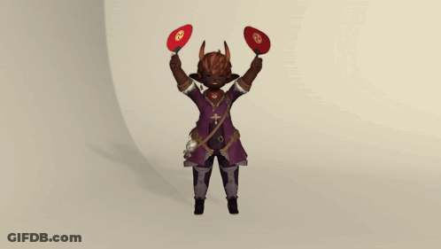 Cartoon Horned Character Holding Red Hats GIF
