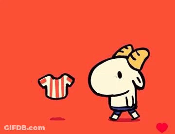 Cartoon Horned Character Holding Striped Shirt GIF