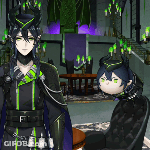 Cartoon Horned Character Next To Green-Eyed Character GIF